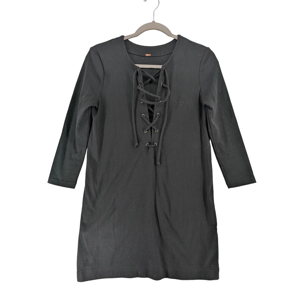 Free People Lace Up Short Dress XS Black 3/4 Sleeve Caged Front Mini Laced LBD